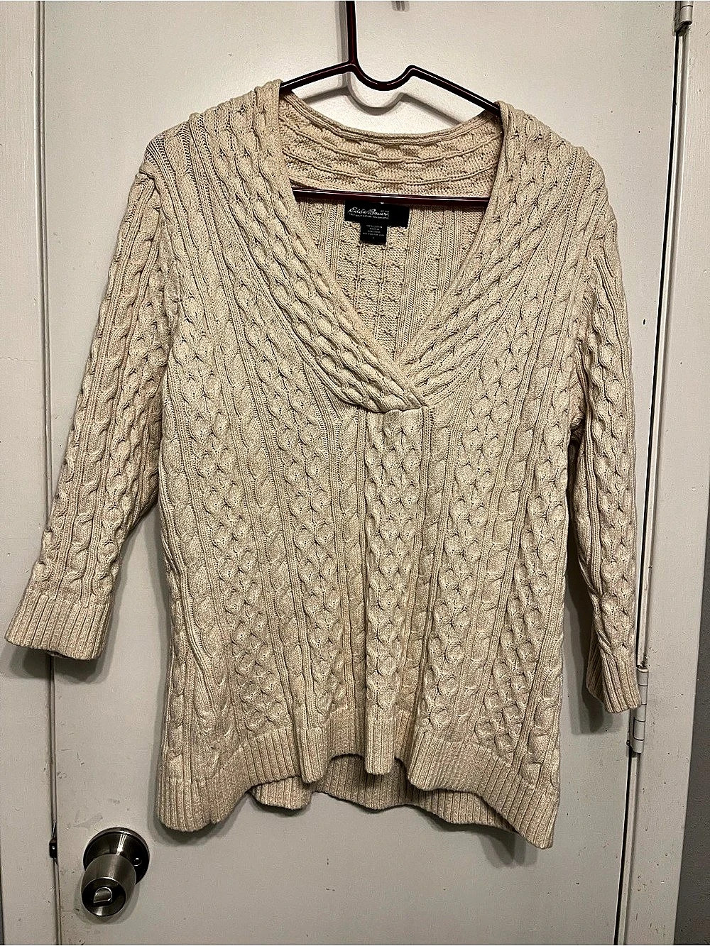 Eddie Bauer Womens Small in Bust Cream Cable Knit Shawl Neck Pullover Sweater
